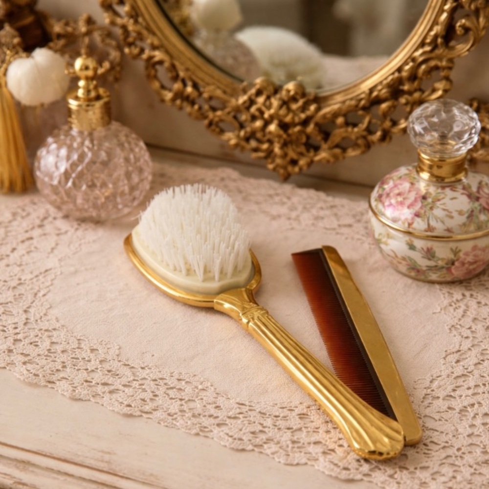 Elegant Grandma Core Gold Coloured Brush and Comb Set-Beautiful Decor Piece
